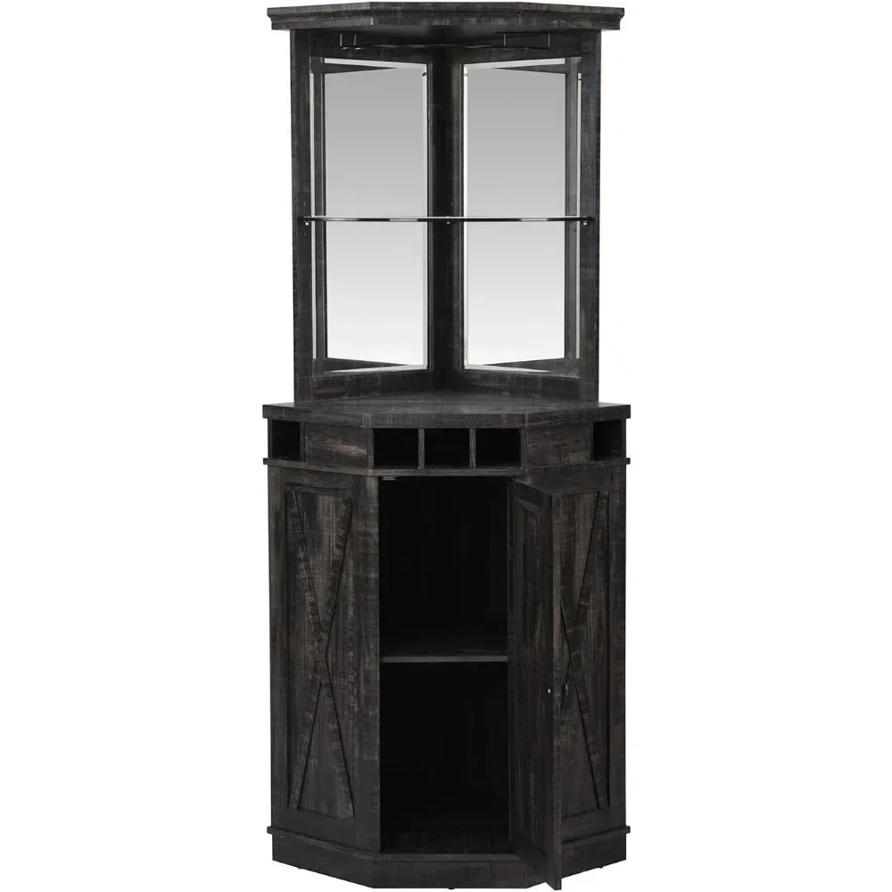 73" Tall Corner Storage Cabinet with Wood Doors, Wine Rcak, Liquor Glass Holder, Glass Design Large Rustic Bar Hutch