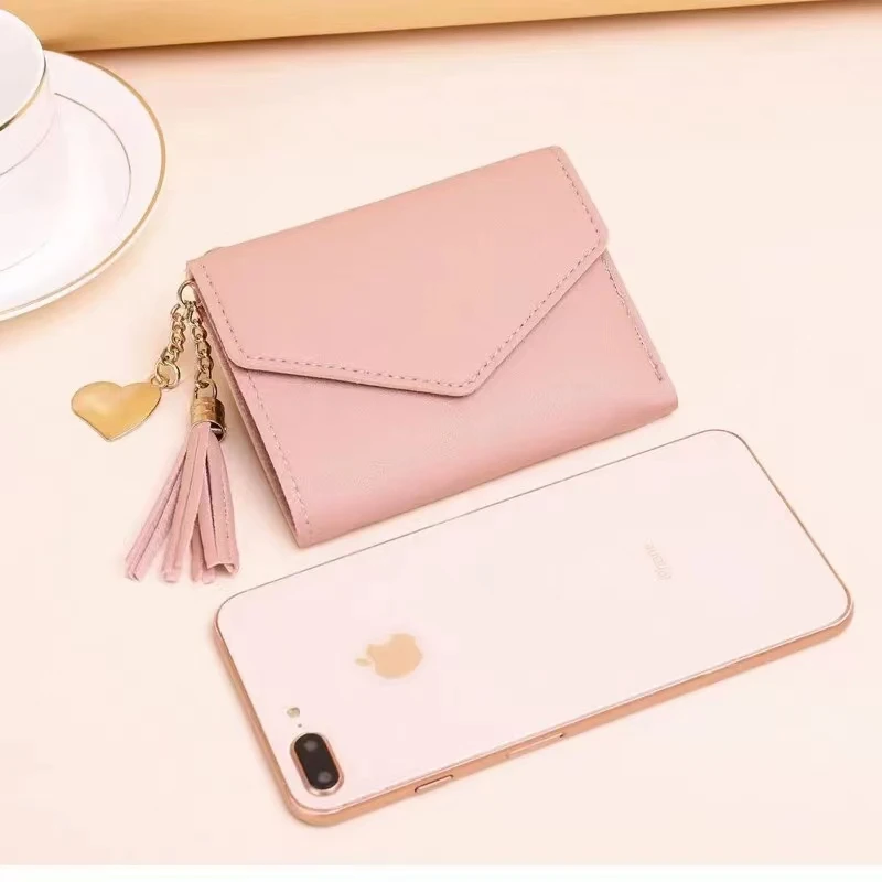 Fashion Short Wallets Mini Tassel Pendant Wallet Handbag for Girl PU Leather Card Holder Foldable Portable Lady Coin Purses