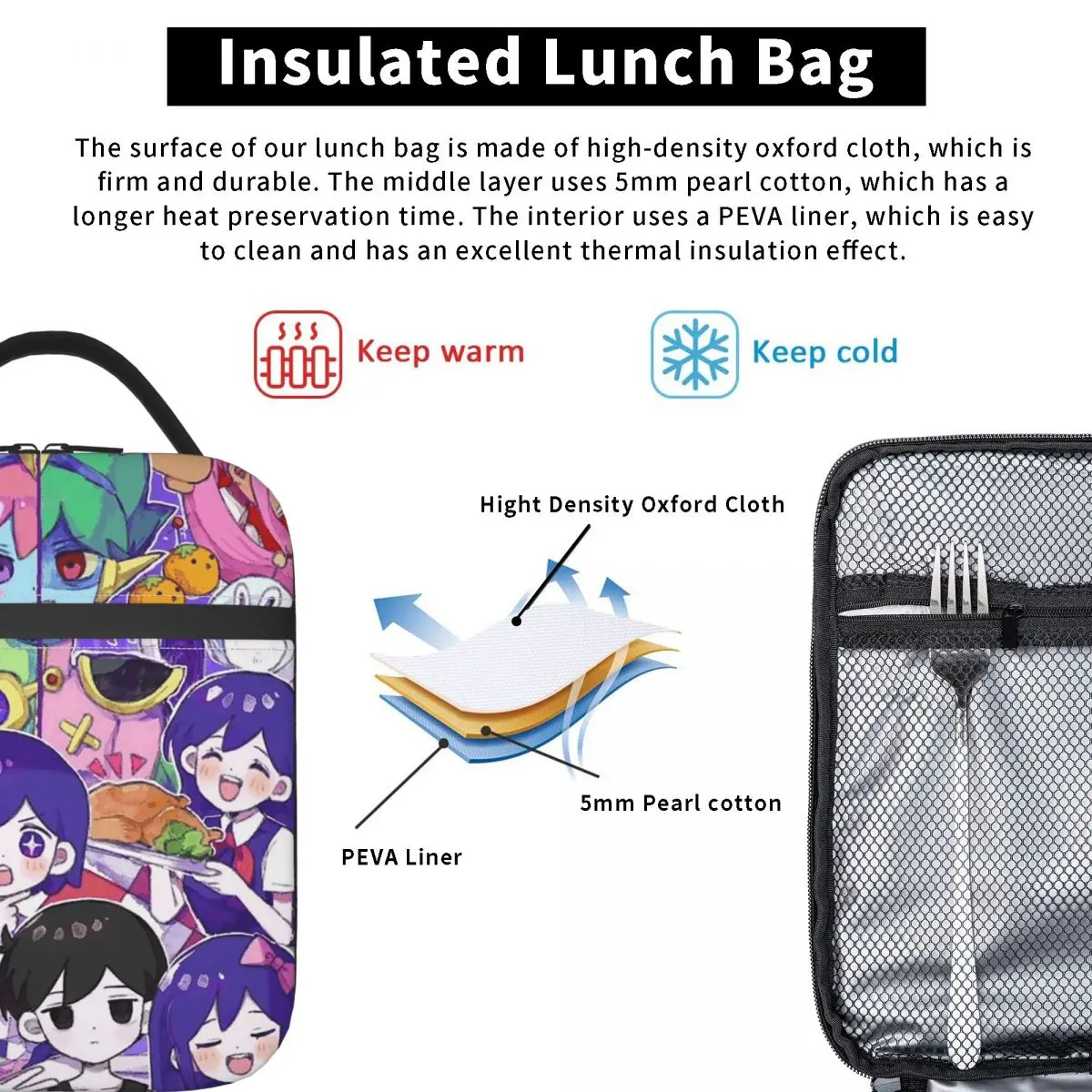 Omori Hero Sunny Basil Cartoon Horror Insulated Lunch Bag for Women Children Portable Food Boxes Thermal Lunch Box Tote