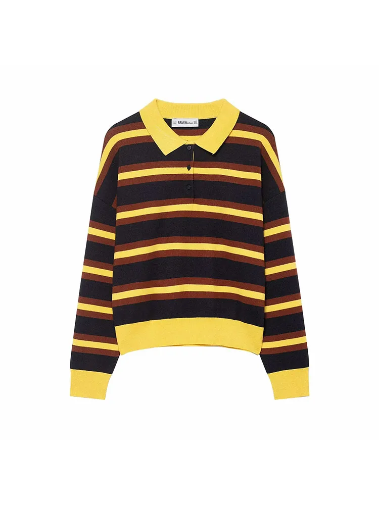 

Women Autumn Winter Contrast Color Striped Knitted Pullover Women Lapel Loose Long Sleeve Sweater Vintage Fashion Tops