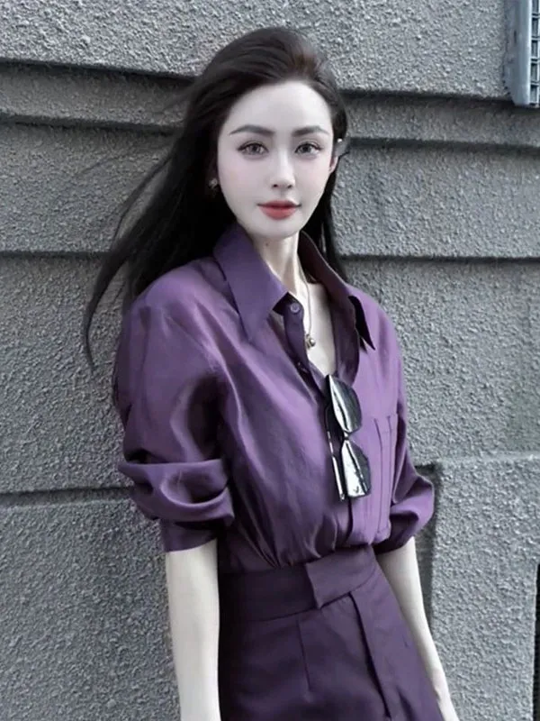

Elegant Purple Long Sleeve Shirt Women's Fashionable Turn-down Collar Spring 2025 New Arrival Versatile Commute Shirt
