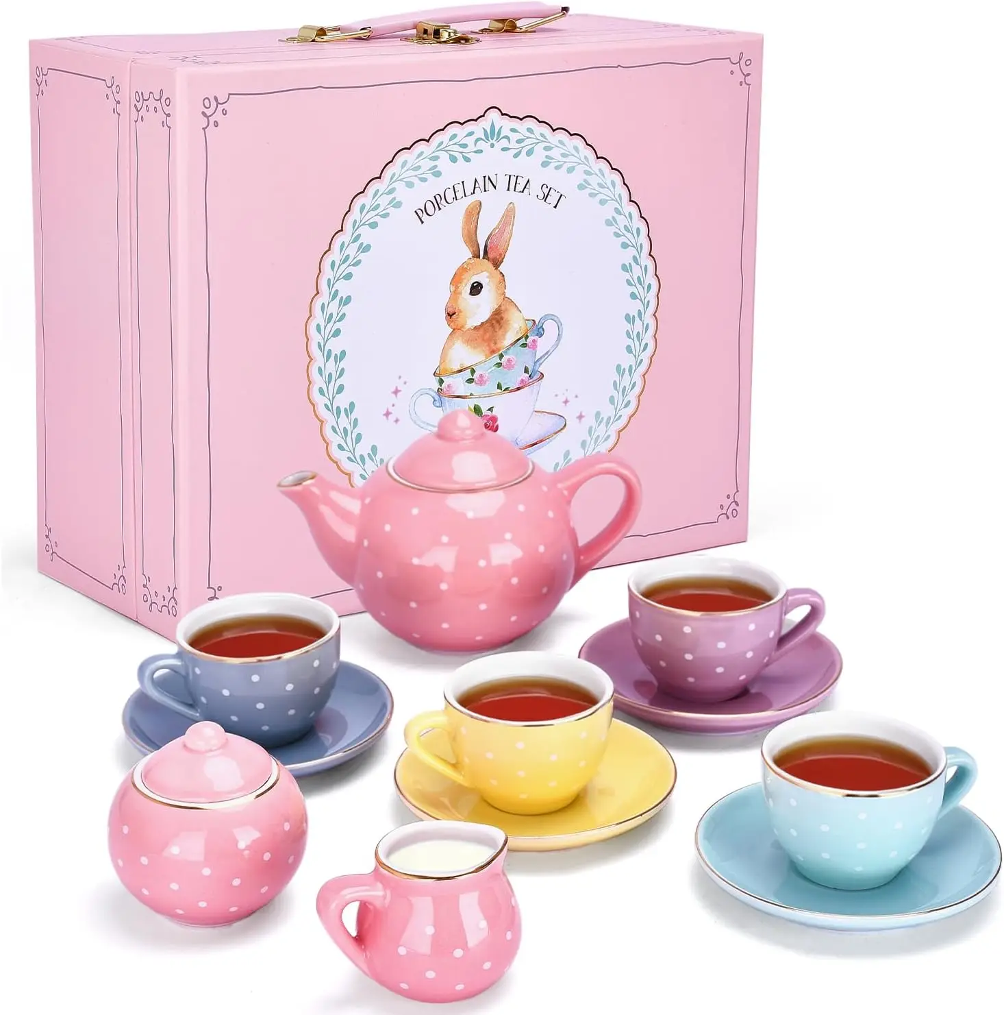 

Pastel Polka Dots Porcelain Tea Set for Girls with Picnic Basket - Real Teapot, Cups, Saucers - Toddler Playset Ages 2+