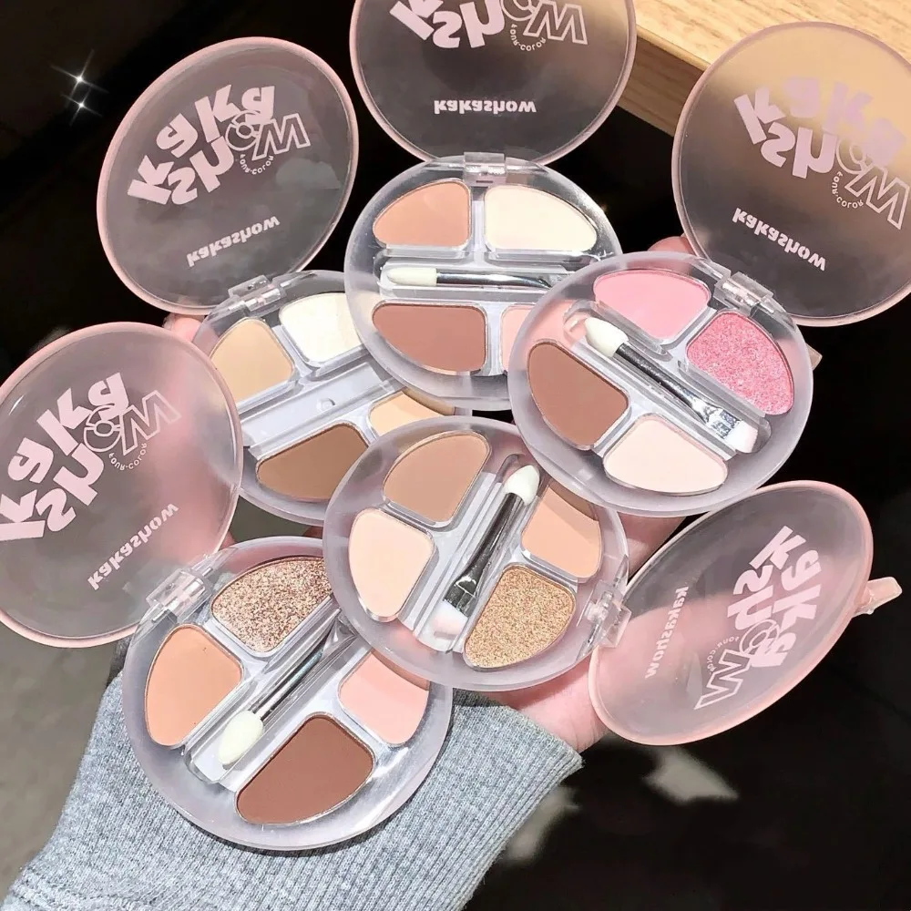 Paleta de sombra de ojos mate brillante de 4 colores, pigmento de brillo rosa desnudo, paleta de maquillaje duradera resistente al agua con pincel