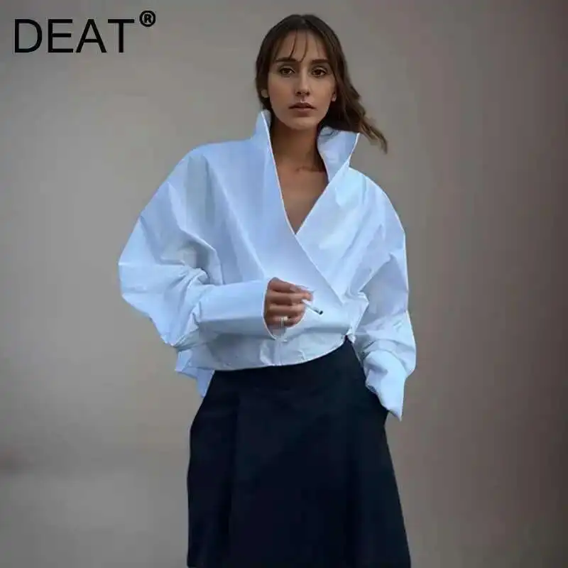 DEAT moda camisa silueta blanca mujer cuello alto Cruz suelta manga larga sentido del diseño blusa nueva marea 7AB8584