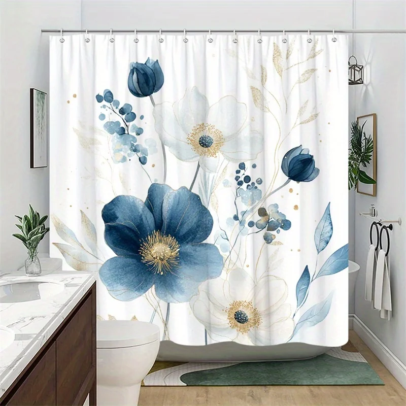 

1 элегантная занавеска для душа с цветочным принтом — темно-синие и золотые ботанические шторы для ванной комнаты, машинная стирка, полиэфирная ткань для ванной комнаты