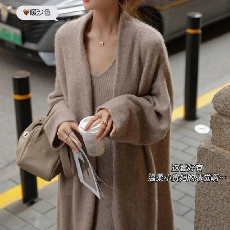 Women Autumn Winter Elegant Loose Solid Color Long Sleeve Coat Women Clothes Temperament All-match Knitting Dress Sweater Suit