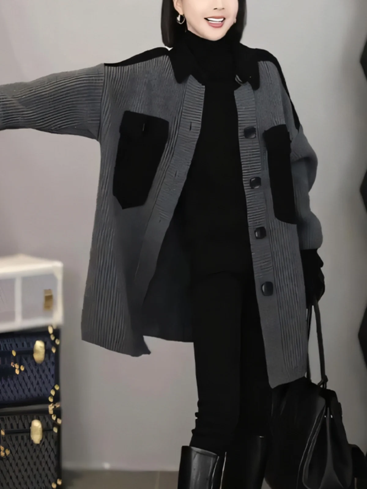 

Вязаный свободный повседневный свитер-кардиган Color Blo для женщин, модная осенне-зимняя верхняя одежда в корейском стиле Gtuq