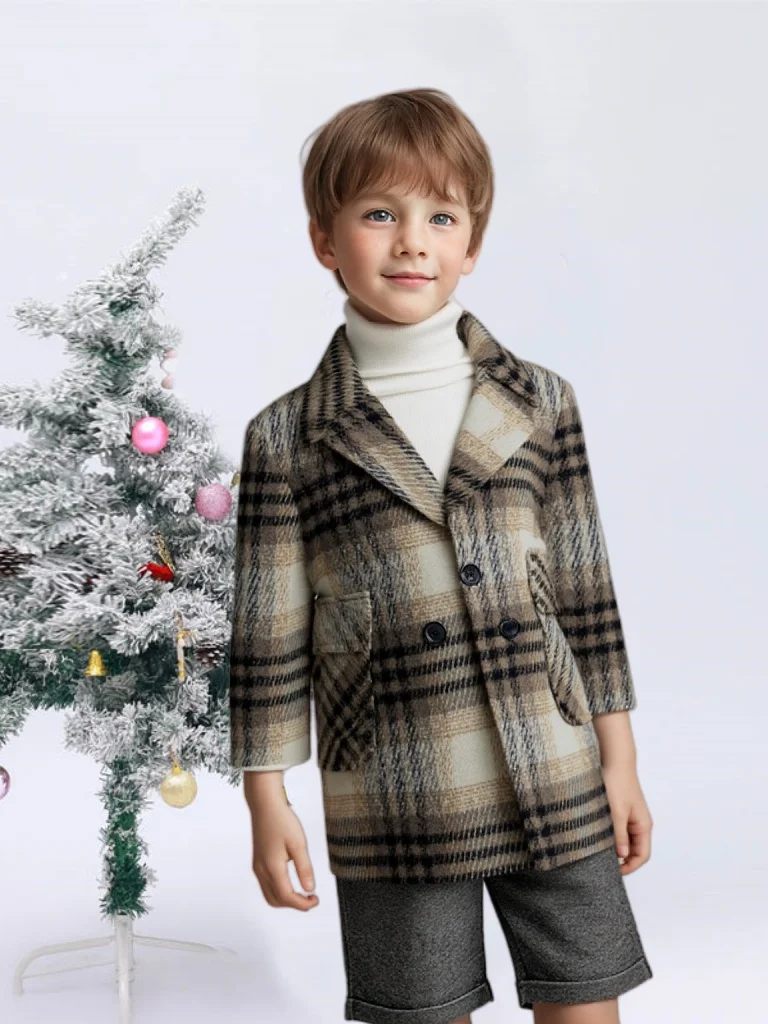 

Boys Windproof Outdoor Long Jacket Children Photography Woolen Coat 3-15Y Gentleman Kids Plaid Winter Thick Warm Warm Wool Coat