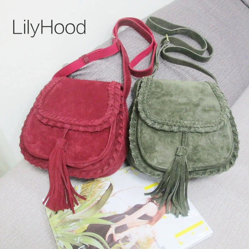 Women Suede Genuine Leather Braid Fringed Saddle Bag Natural Nubuck Medium Size Ibiza Gypsy Hippie Boho Phone Side Sling Bag