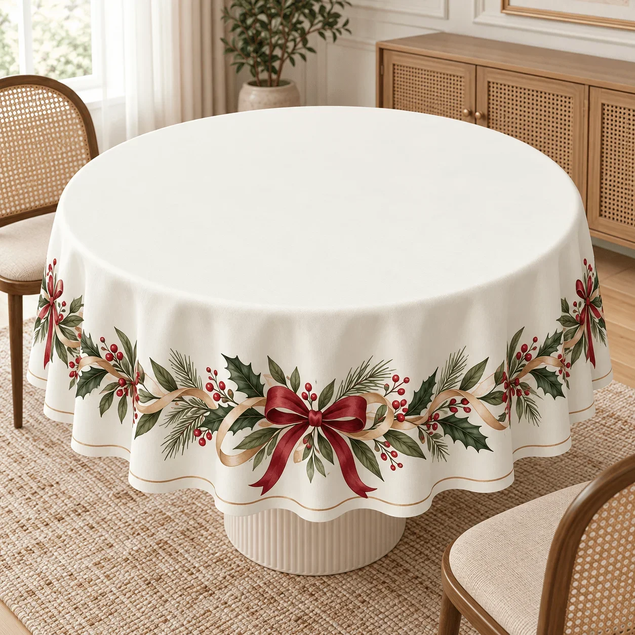 1 round tablecloth, Christmas table decoration, ivory white with red bow, holly green leaves and red fruit print