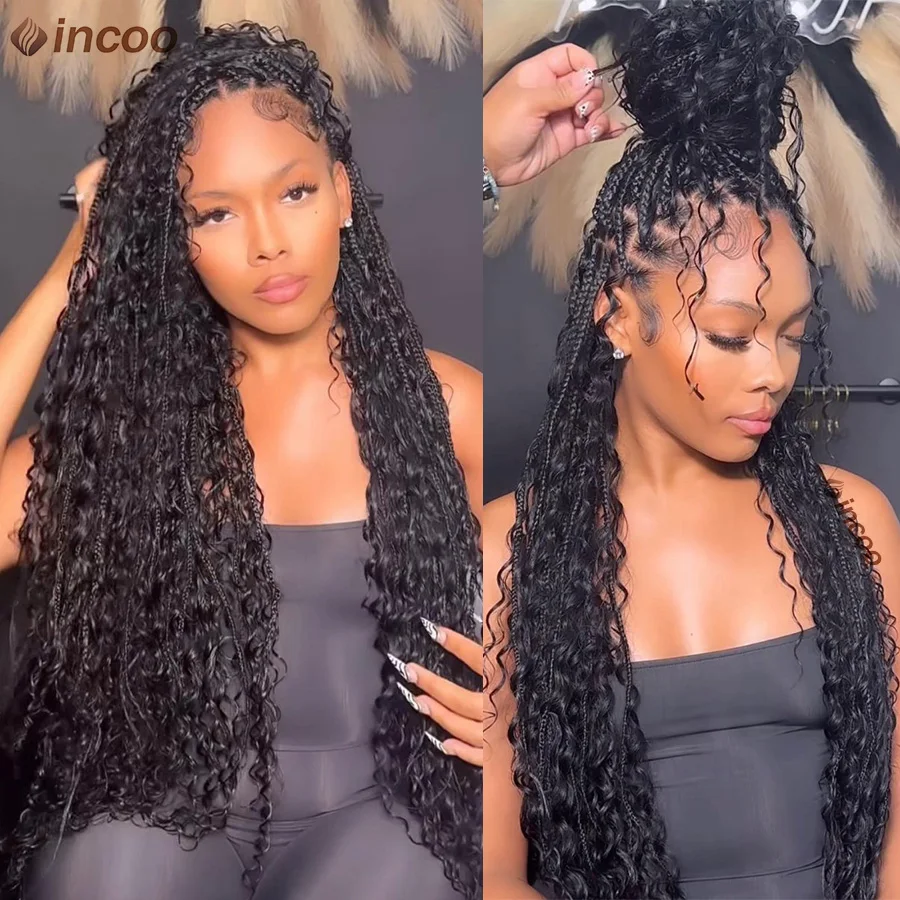 Peluca de trenzas sintéticas bohemias para mujer negra, peluca trenzada de caja sin nudos de 32 pulgadas, trenzas rizadas largas bohemias, peluca Afro trenzada