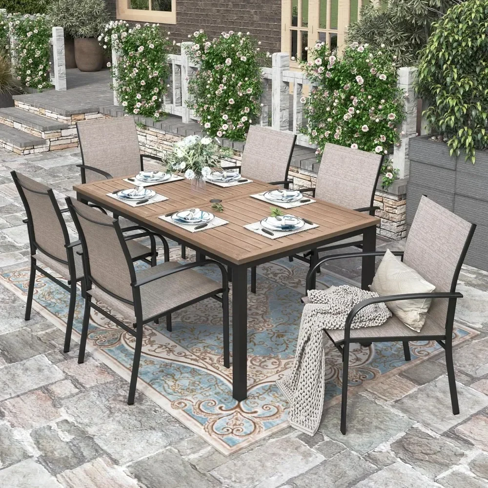 

Outdoor Dining Set, 64" Wood Grain Rectangle Metal Table with Umbrella Hole and 6 Armrest Chairs,Outdoor Patio Table and Chairs
