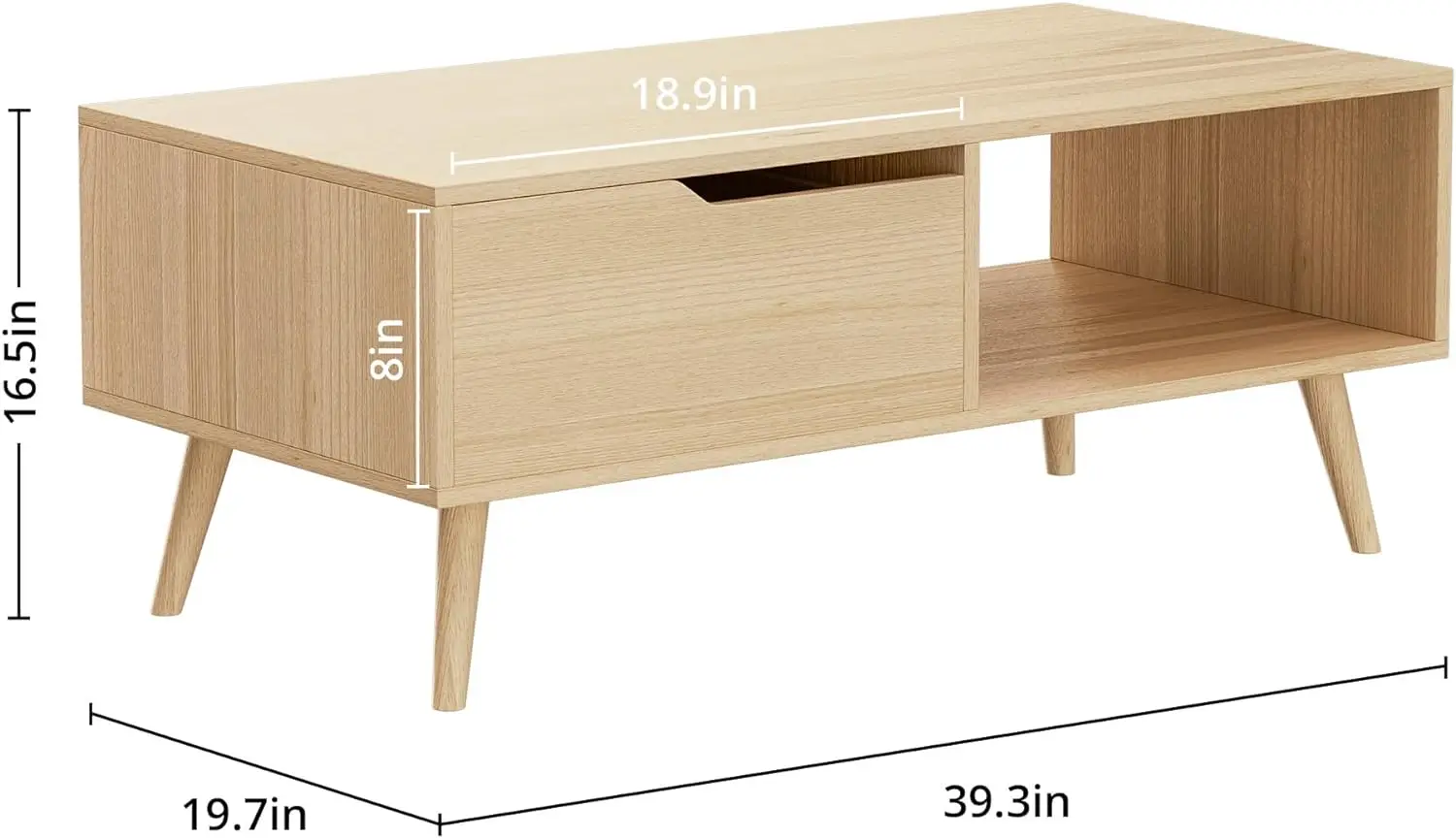 Mesa de centro de roble con cajón y estante, consola sencilla de madera de 39 pulgadas para sala de estar, estilo moderno de mediados de siglo