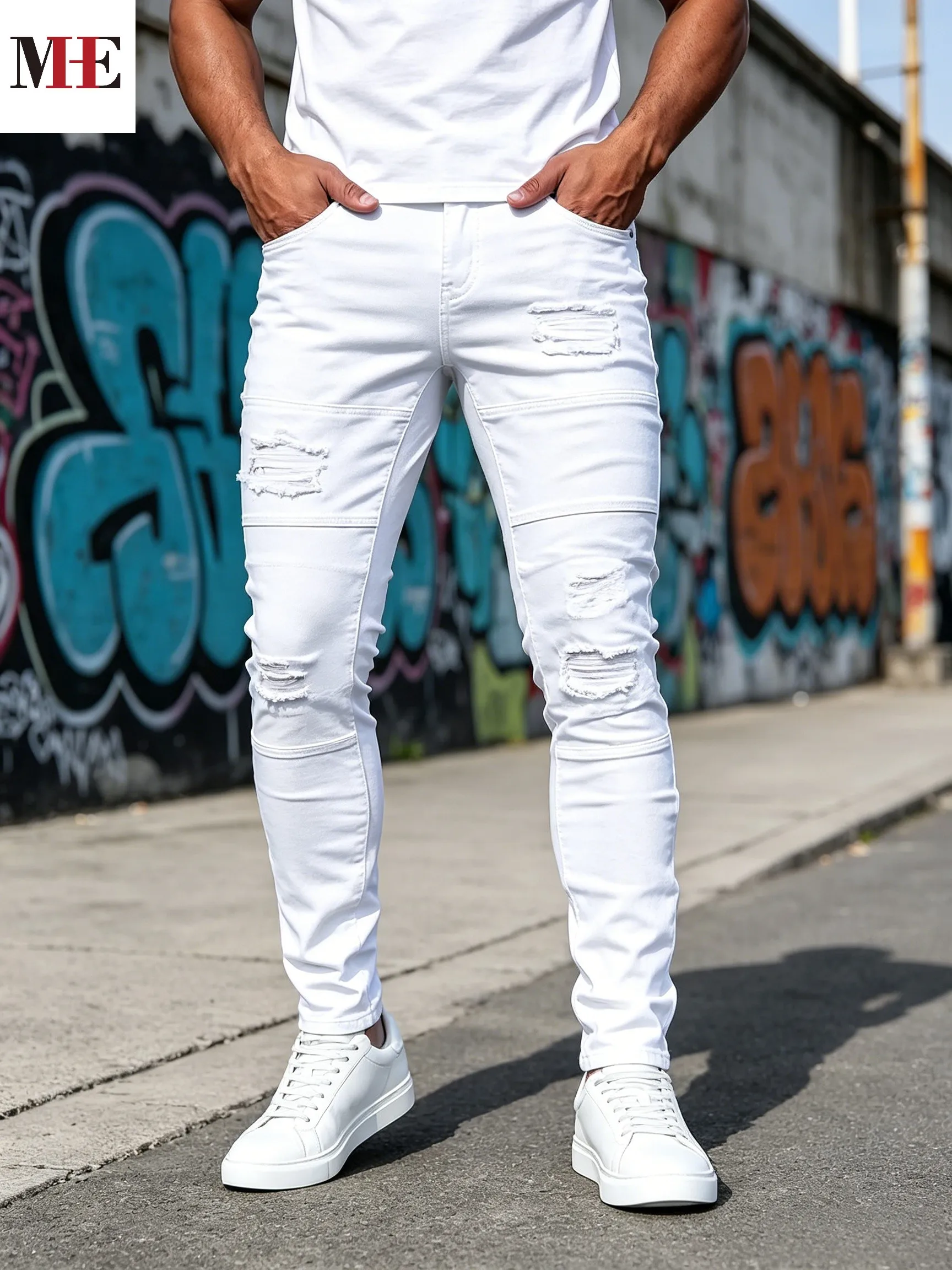 【HME】Men's Jeans | Pure White Slim Tapered Denim Pants with Segmented Stitching Biker Splicing Craft, Scattered Frayed Distressed Ripped Details, High Elasticity Anti-Yellowing Soft Premium Denim Fabric, Stylish Textured Casual Men Denim Pants