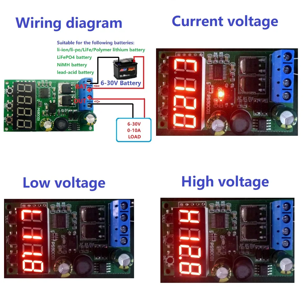 4pcs PS9DC01  DC Battery Discharge Protection Board for Lead-acid, NiMH, LiFePO4, Li-ION, Li-PO, LiFe Polymer - 6-30V