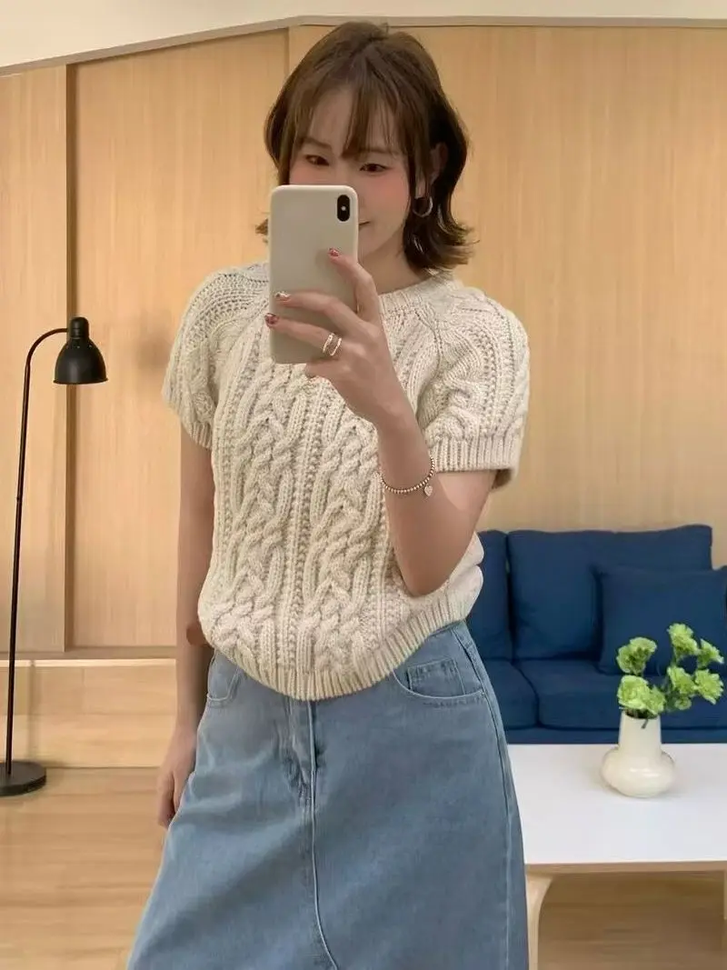 

Свободный вязаный свитер в корейском стиле из толстой пряжи с коротким рукавом, женский топ, удобная и комфортная футболка в стиле lazy style