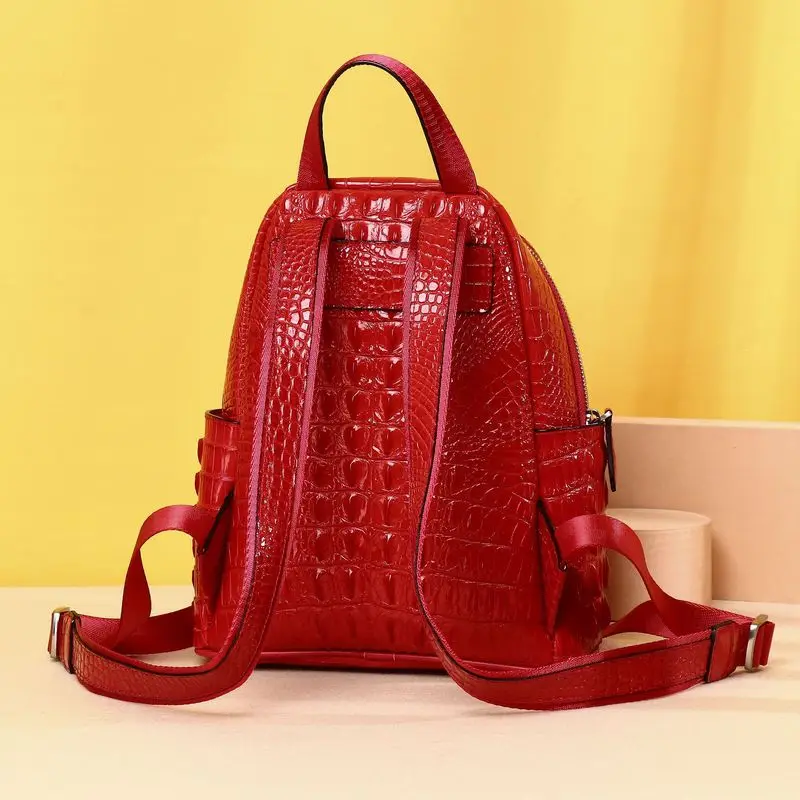 Women Red Genuine Cowhide Leather Backpack Crocodile Embossed Large Capacity Travel Shoulder Bag for Daily Commute SAC