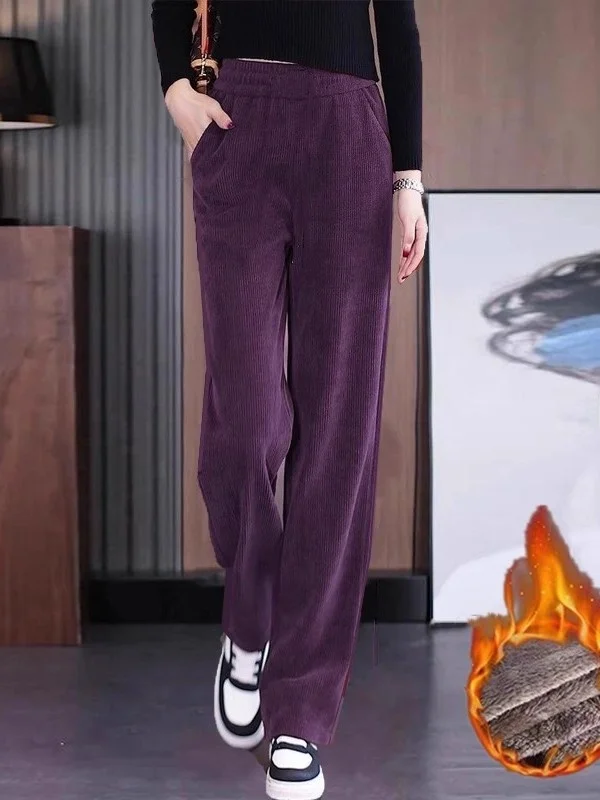 Pantalon à jambes larges en velours côtelé pour femme Pantalon droit décontracté en velours d'agneau taille haute élastique en fibre de polyester résistant t...