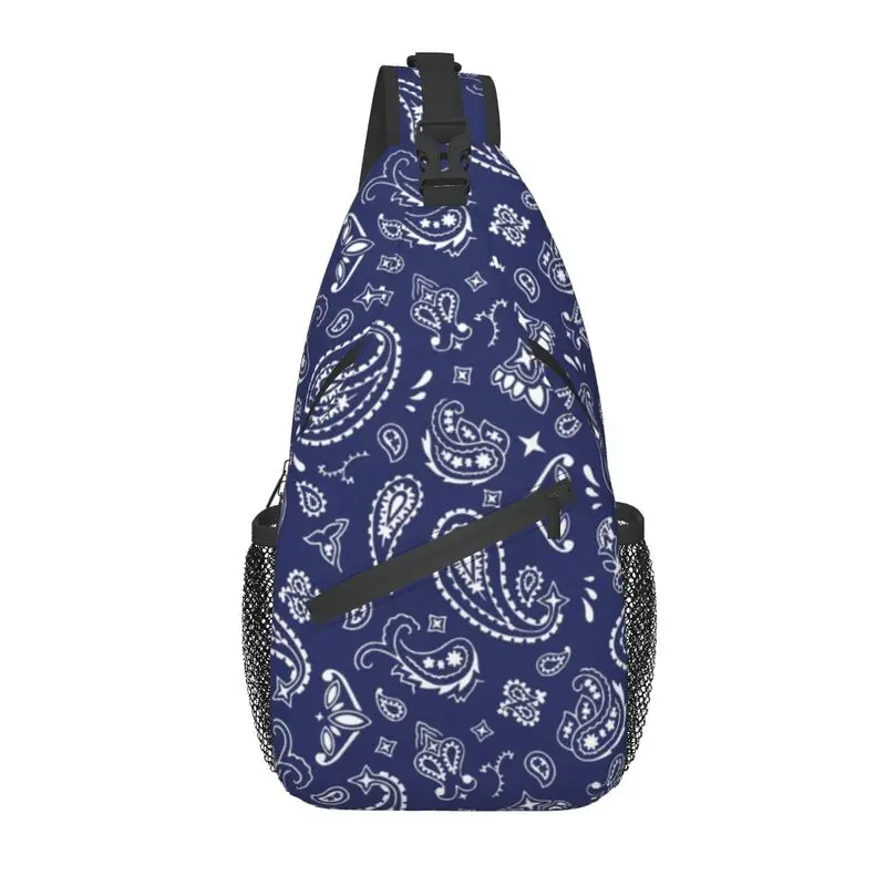 

Blue Bandana Paisley Pattern Crossbody Sling Backpack Men Bohemian Floral Style Chest Shoulder Bag for Travel Hiking Daypack