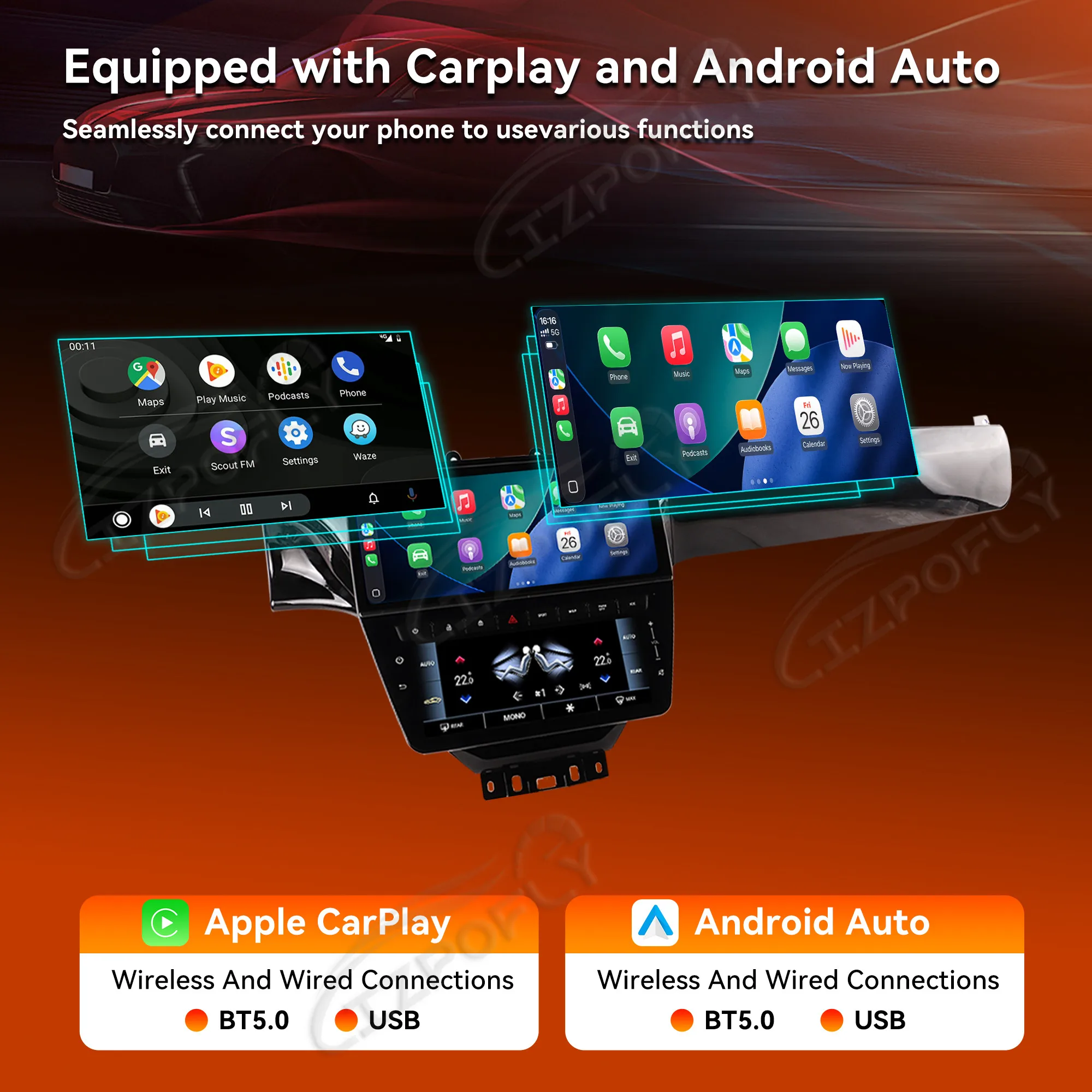 Lizpofly Carplay Car Radio 12.1 inch Touch Screen For Maserati GT 2005-2015 GPS Navigation Multimedia Player Head Unit Auto