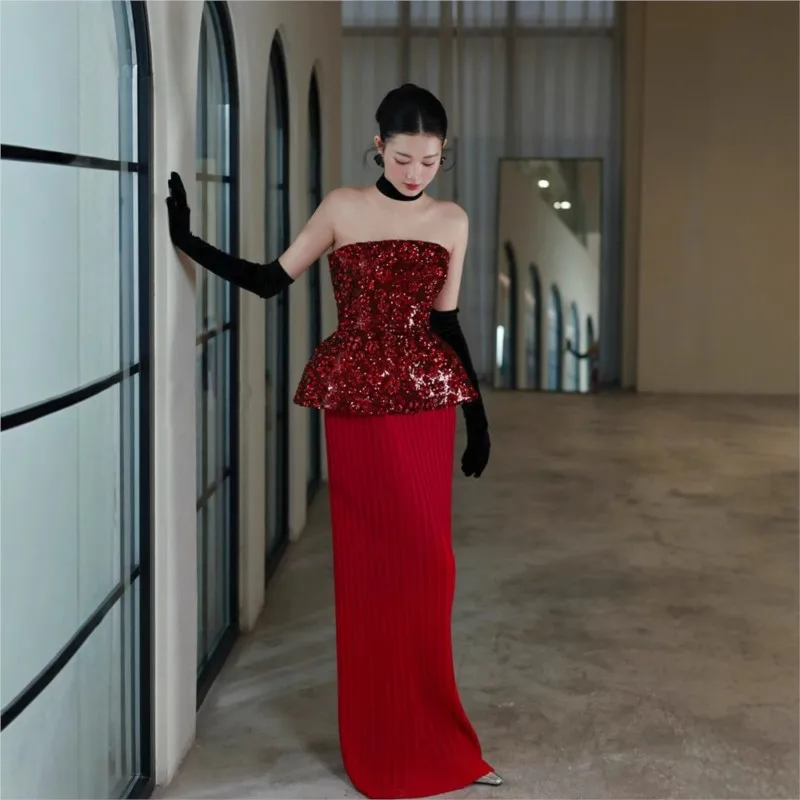 Toasting morning gown pleated skirt wine red strapless performance dress