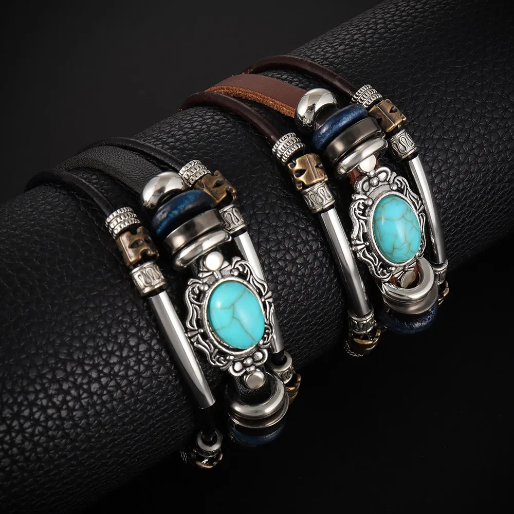 Vintage Black Metal Natural Stone Beaded Bracelet for Men Women Personality Multilayer Weave Leather Bracelet Punk Jewelry