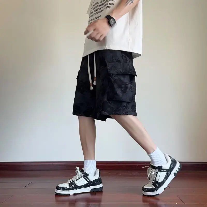 

American Black Workwear Shorts Men's Summer High Waisted Youth Pants Casual Tie Dye Large Pocket Five Quarter Horse Pants