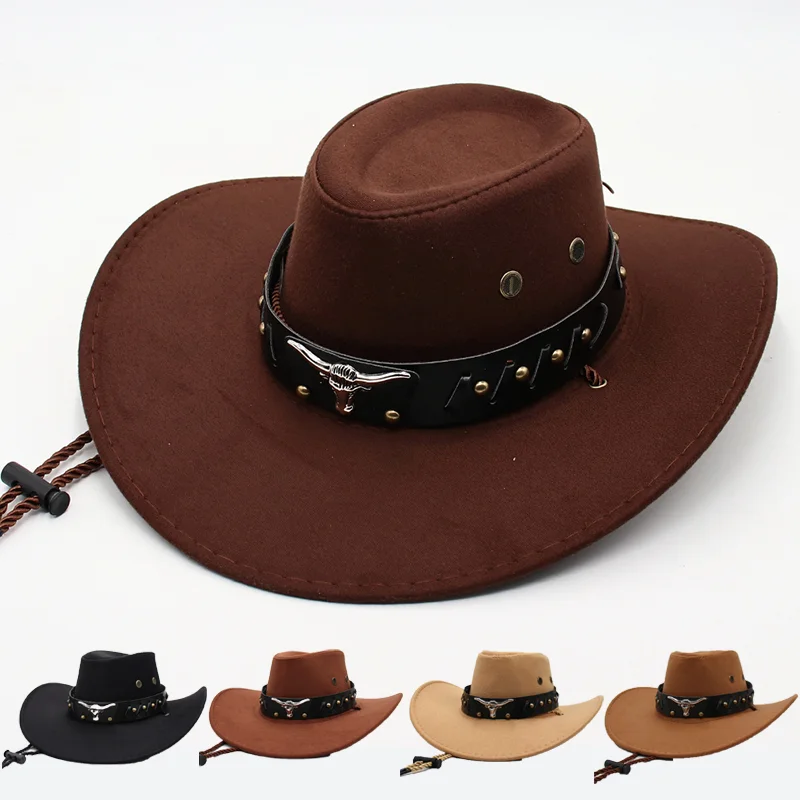 

Vintage Western Cowboy Hat with Bull Head Belt Decor and Windproof Strap – Retro Riding Party Performance Hat for Men and Women