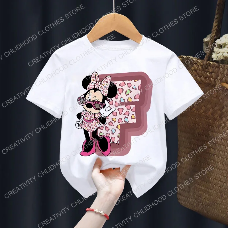 Minnie Children\'s T-Shirt Letter ABCDE Combination Summer Disney Clothes Kawaii Anime Cartoons Kids Boy Girl T Shirts Casual Top