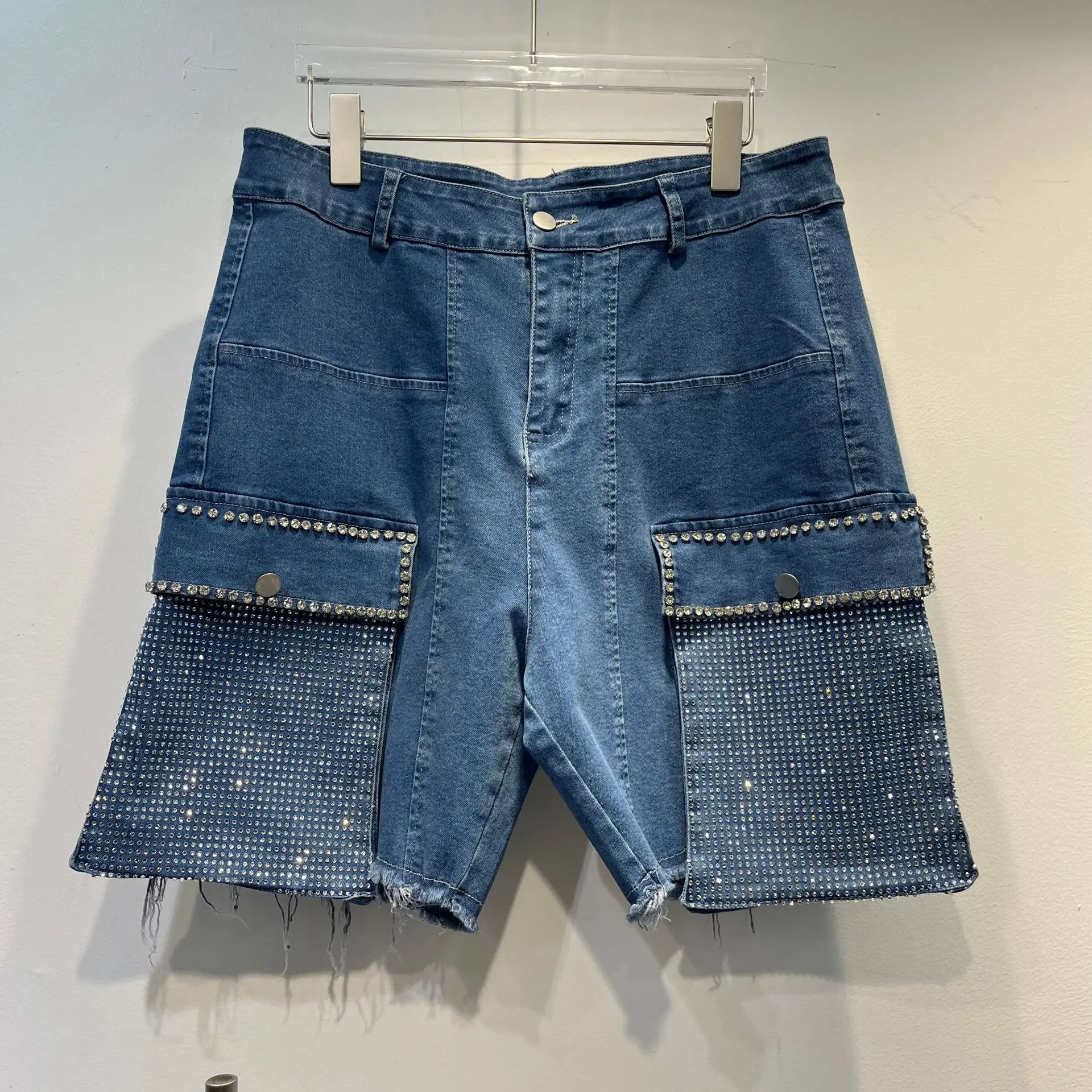 Diamond-encrusted Denim Shorts Women's Tide 2025 Summer New Elastic High-waisted Slim-fit Pocket Decorative Straight Short Pants