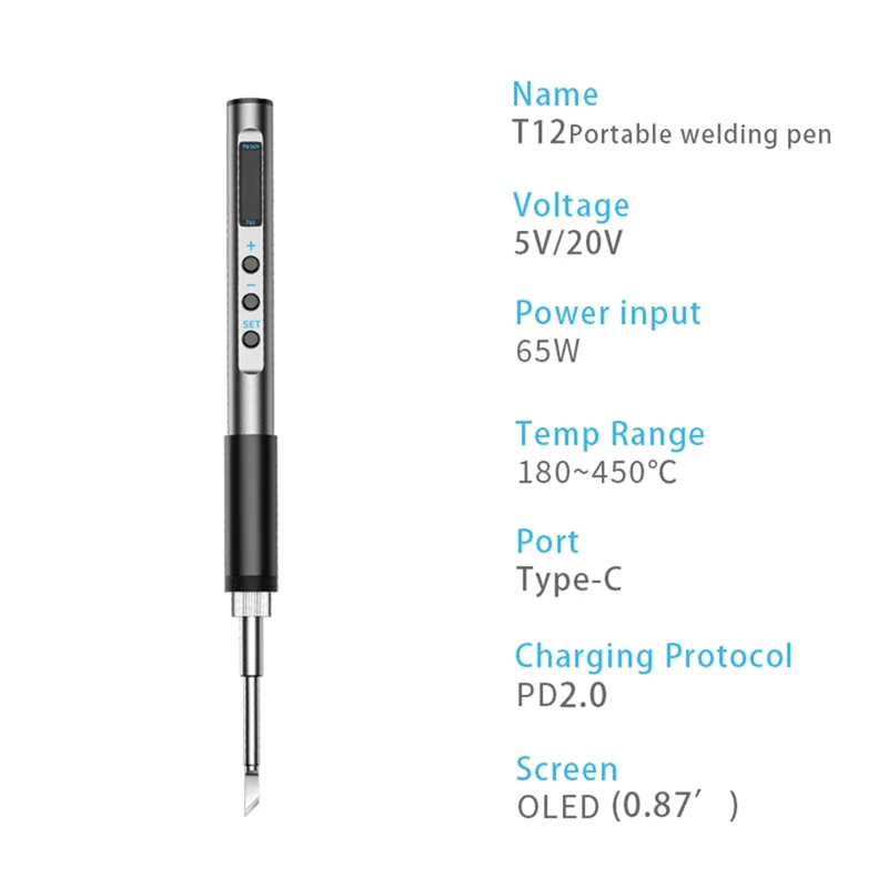 PTS100 T12 5-20V PD65W Portable Electric Soldering Iron Metal Body Temperature Adjustable Solder Welding Station,T12-I