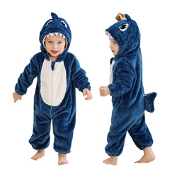 MICHLEY Shark Baby Rompers Winter Hooded Flannel Toddler Infant Clothes Overall Bodysuits Jumpsuit Costume For Kids Halloween