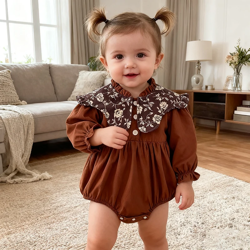 2026 neue Frühjahr Säuglings Body Neugeborenen Mädchen Strampler 0-2Y Floral Stickerei Revers Einfarbig Lange Ärmeln Overall Baby Kleidung