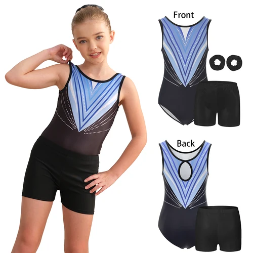 Leotardos de gimnasia de 4 piezas para niñas, Biketard atlético sin mangas, leotardo con espalda en forma de gota de agua para niños, trajes deportivos para cultivo