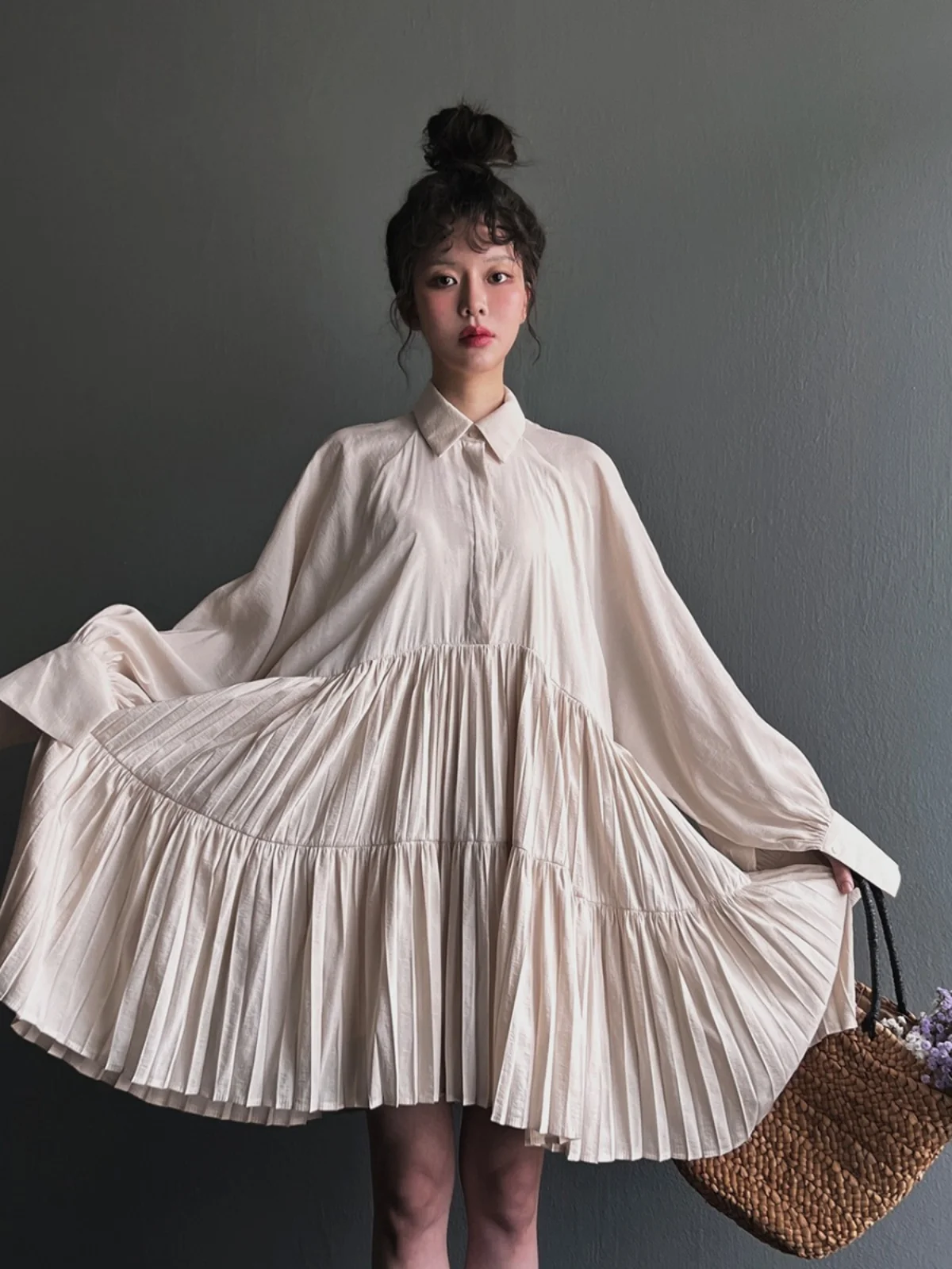 Ele Me Strap Dr femmes automne nouveau polyvalent col Vintage simple bouton irt gâteau jupe coréenne Sle taille ample