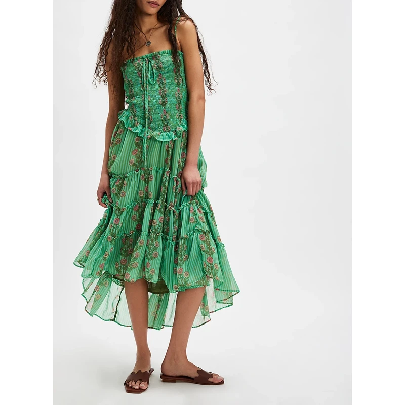 Combhasaki ผู้หญิงดอกไม้พิมพ์ Smocked Corset Tie-up สแควร์คอสปาเก็ตตี้สายรัด Backless Tiered Ruffled A-Line Midi Cami ชุด