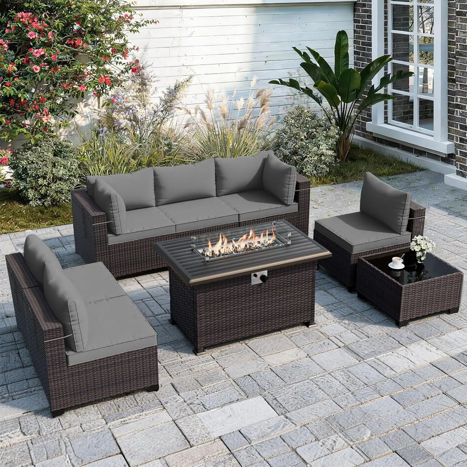 

Комплект садовой мебели из 8 предметов: секционный диван с широкими подушками для сидений, плетеная мебель из ротанга для террасы, серый, на заказ