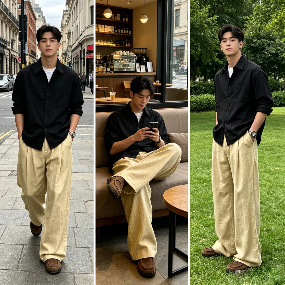 Vintage Loose Fit Linen Pants Pleated High Waist Wide Leg Slacks Lightweight Breathable Casual Business Trousers