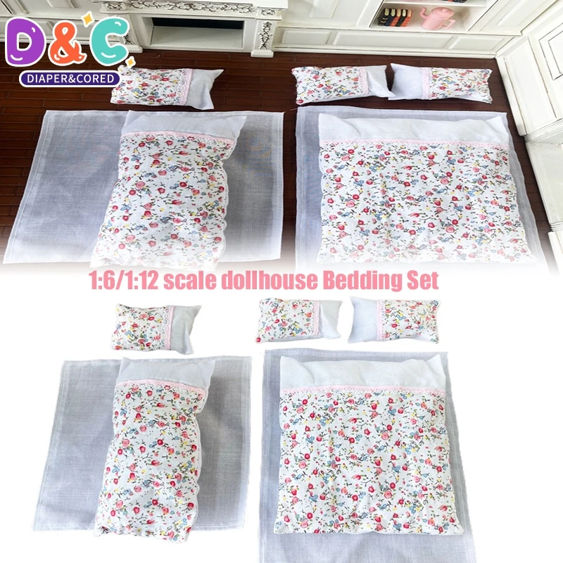 1:6/1:12 Dollhouse Miniature Bedding Set 7 Pieces Pillows Bed Sheets Quilt Covers Home Decor Toy Doll House Accessories