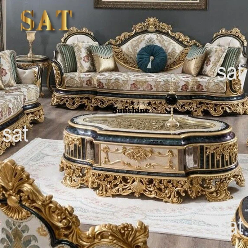 For Turkish Style Royal Antique Carved Solid Wood Sofa Set European Luxury Classic Home Living Room Furniture Sectional Sofa