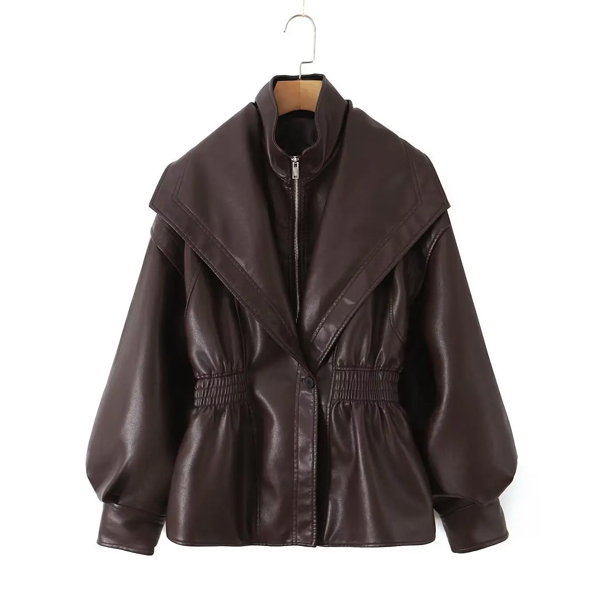 Jaket Wanita Musim Gugur Terbaru Model High Street Warna Coklat Resleting Kulit PU Kasual Kerah Lapel V-neck Pinggang Elastis Model Cinching