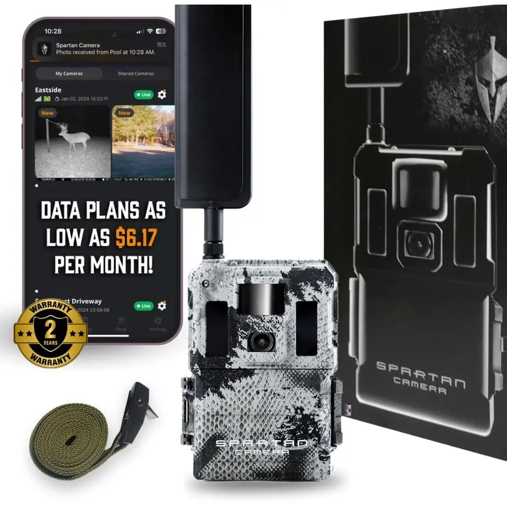 Câmera de trilha 4G LTE com 96 °   Lente ampla, alimentação ao vivo, GPS, captura sob demanda, alertas em tempo real, lítio integrado, Spartan Camo (Verizo
