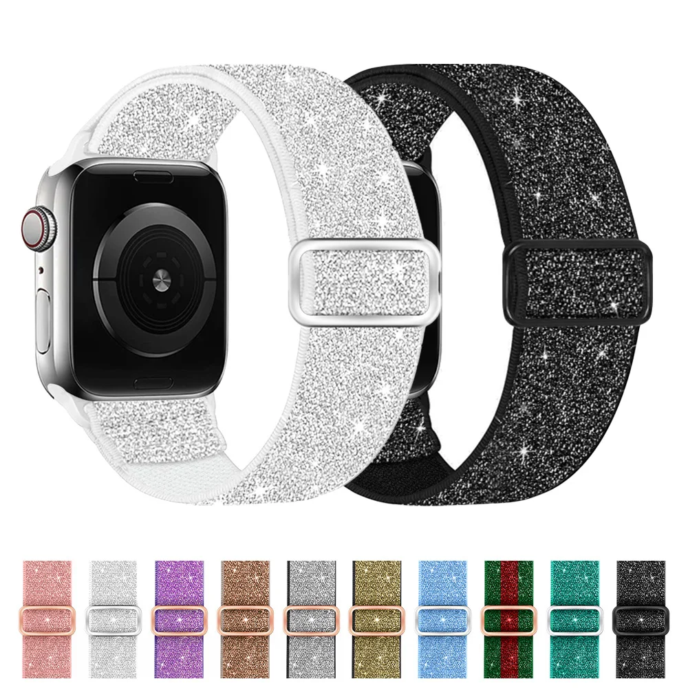 Bohemian Nylon Strap for Apple Watch ultra 2 49mm 42 45mm 38/40/41/44mm Elastic Shiny Bracelet iWatch Series 10 9/8/7 6 5 4 3 SE