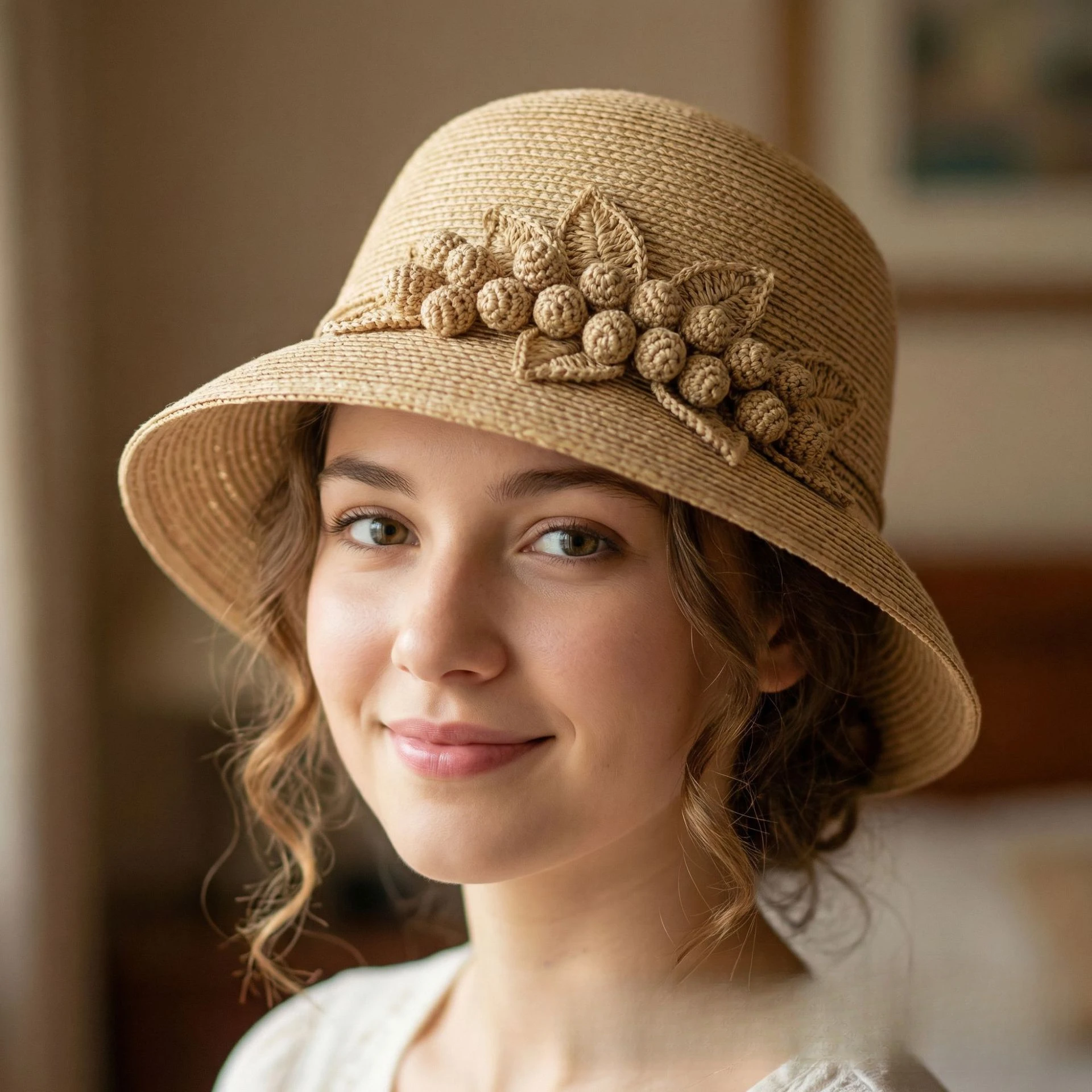 

Vintage French Straw Cloche Hat for Women Handmade 3D Crochet Flower Berry Decor Bucket Hat Elegant Lady Sun Hat Summer Beach