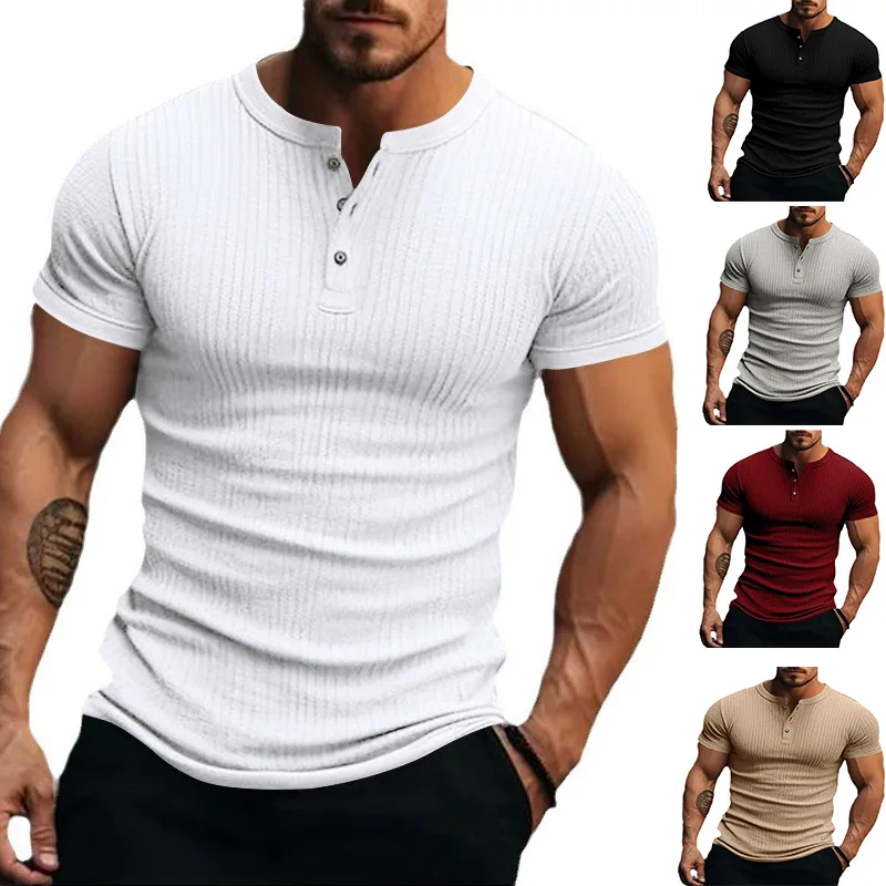 

European and American Casual Men's Short Sleeved T-shirt with Pit Stripes, Men's Button Henry Neck Sports Short Sleeved T-shirt