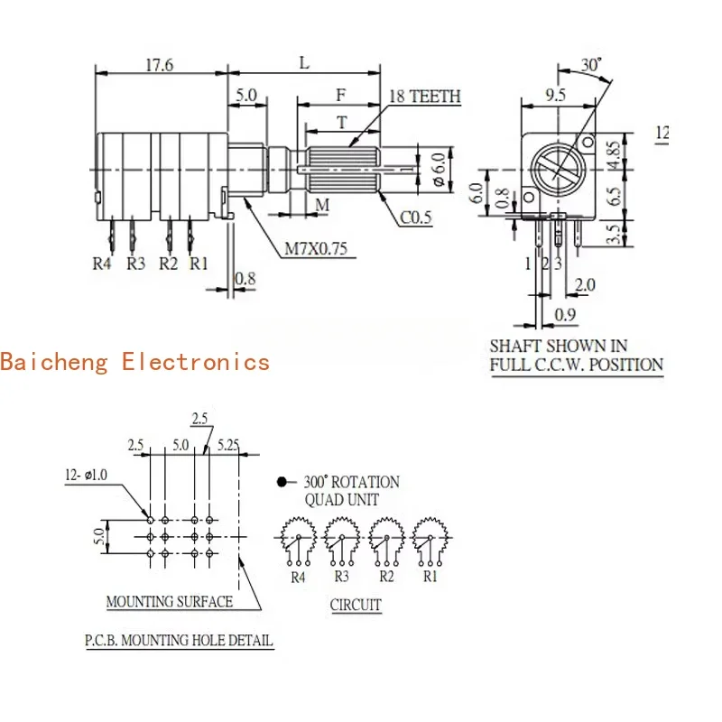 10PCS R097 precision potentiometer 4-pin B100K single turn volume switch 15mm half shaft