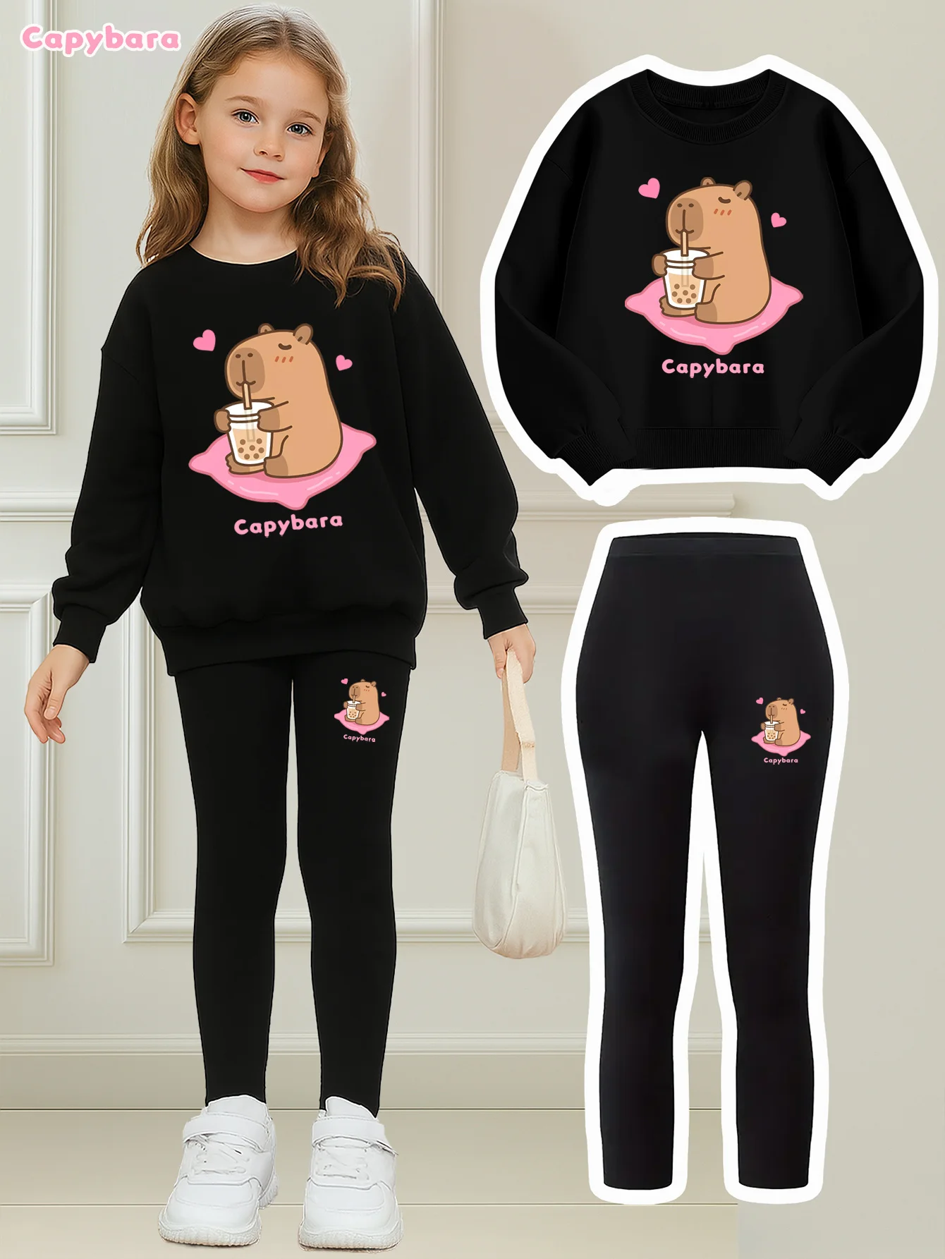 Herbstliches Freizeitoutfit für Mädchen, Kinderkleidungsset mit Herz- und Capybara-Cartoon-Print, Langarm-Sweatshirt + Leggings, zweiteiliges Set, geeignet für Mädchen im Alter von 4–12 Jahren – Detail 2