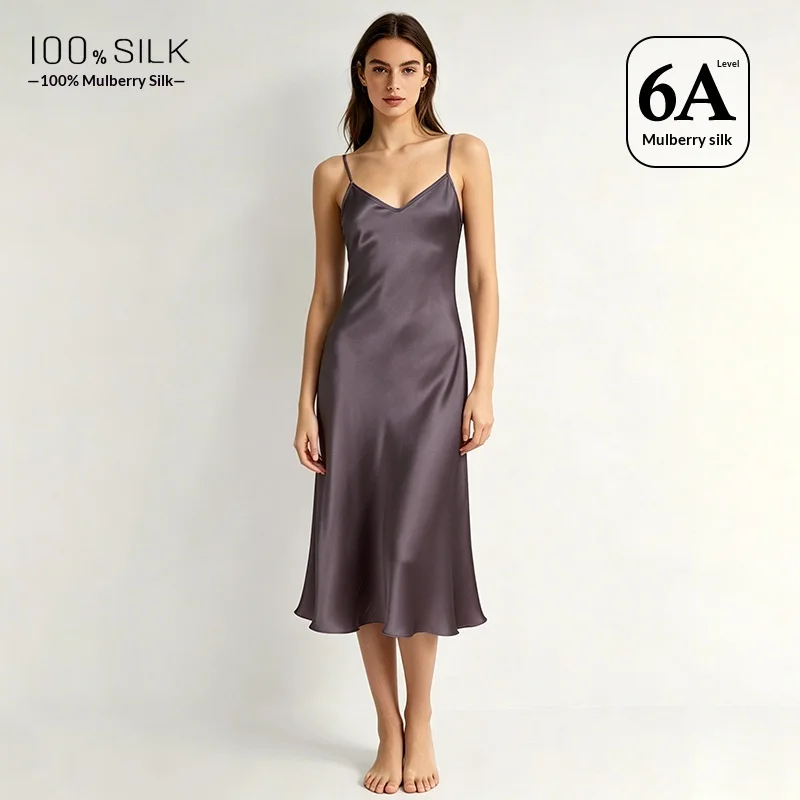 100% Real Mulberry Silk Elegant Women's Nightdress Sexy Comfortable Long Slip Dress Solid Color Satin Pajamas Nightgown Chemise