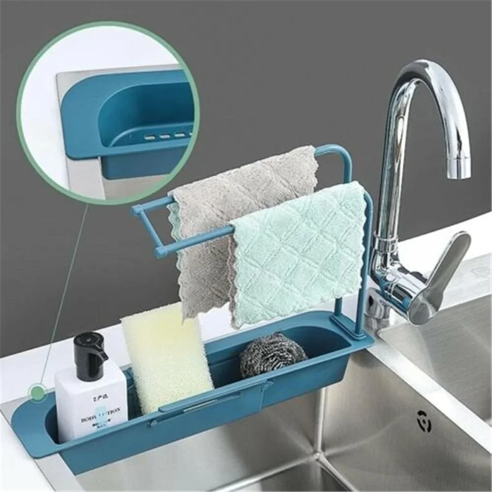 

Telescopic Sink Shelf Soap Sponge Drain Rack Storage Basket Adjustable Kitchen Accessories