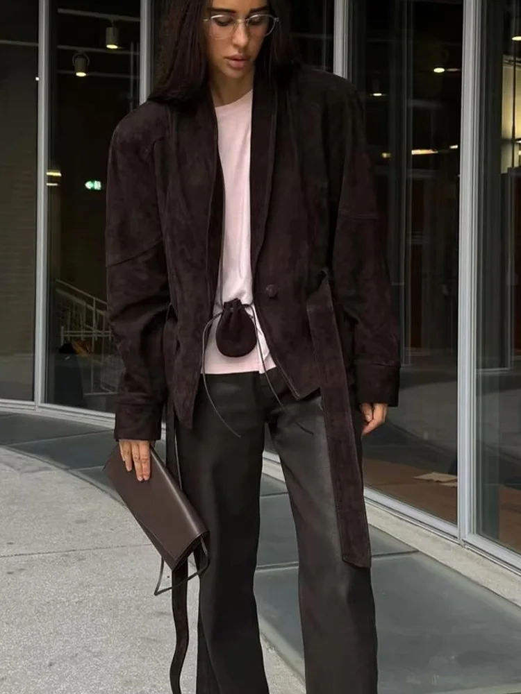 HH المرأة الخريف الصلبة التلبيب مربوط مع جيوب طويلة الأكمام سترة الإناث العصرية الجلد المدبوغ الملمس شارع العليا السببية معاطف